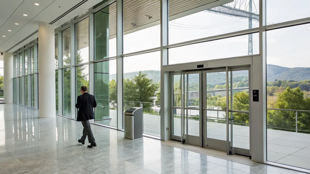 Glass office doors secured with an access control system in Greenville, SC.
