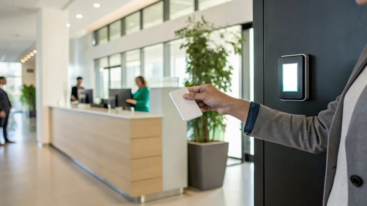 Employee at a small business uses an access control system with time tracking.
