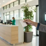 Employee at a small business uses an access control system with time tracking.