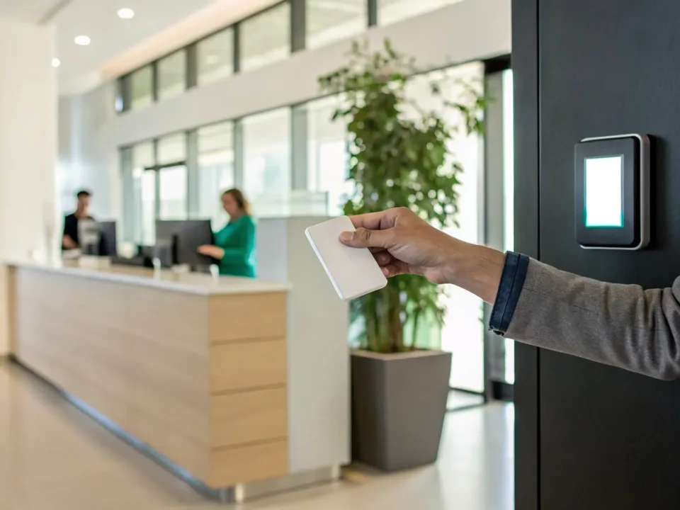 Employee at a small business uses an access control system with time tracking.