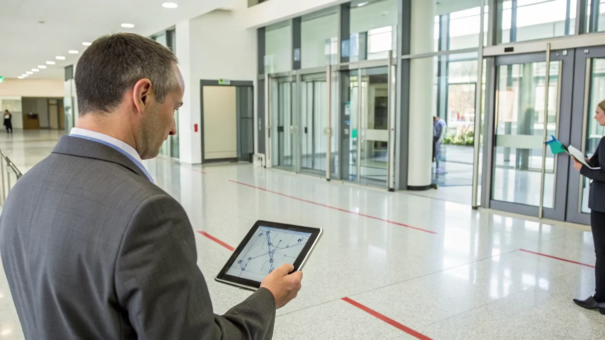 Staff managing an SC school's access control system with emergency lockdown features on a tablet.