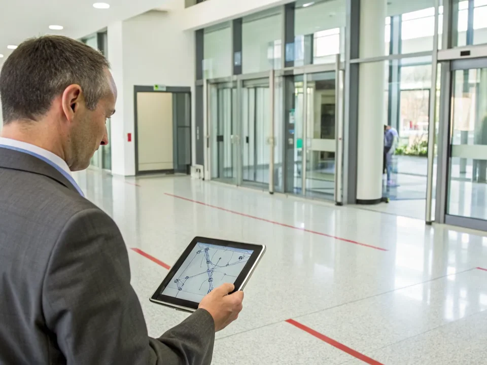 Staff managing an SC school's access control system with emergency lockdown features on a tablet.