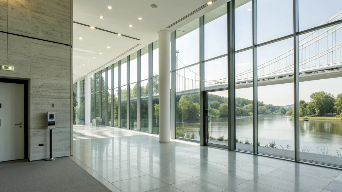 A commercial burglar alarm system protecting a modern office with large windows in Greenville, SC.