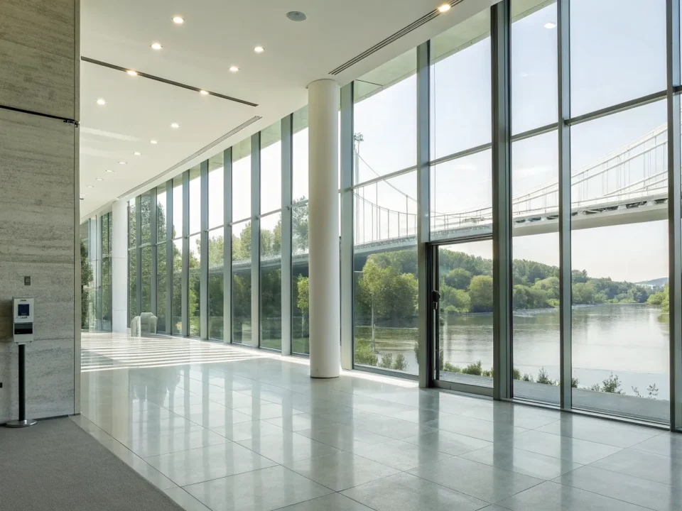 A commercial burglar alarm system protecting a modern office with large windows in Greenville, SC.
