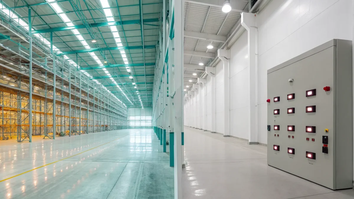 A fire alarm control panel in a warehouse for choosing an addressable vs conventional system.