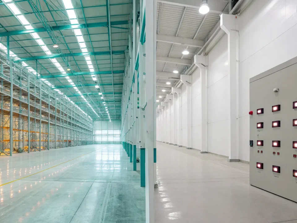 A fire alarm control panel in a warehouse for choosing an addressable vs conventional system.