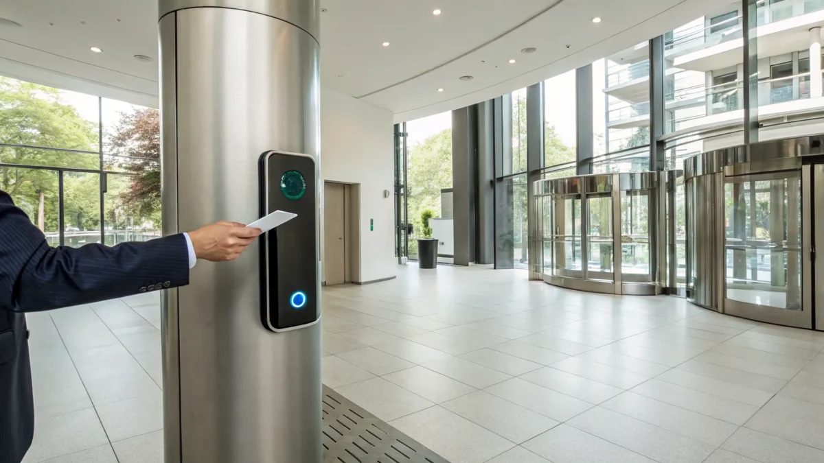 Business professional using a key card entry system in an Anderson office.