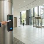 Business professional using a key card entry system in an Anderson office.