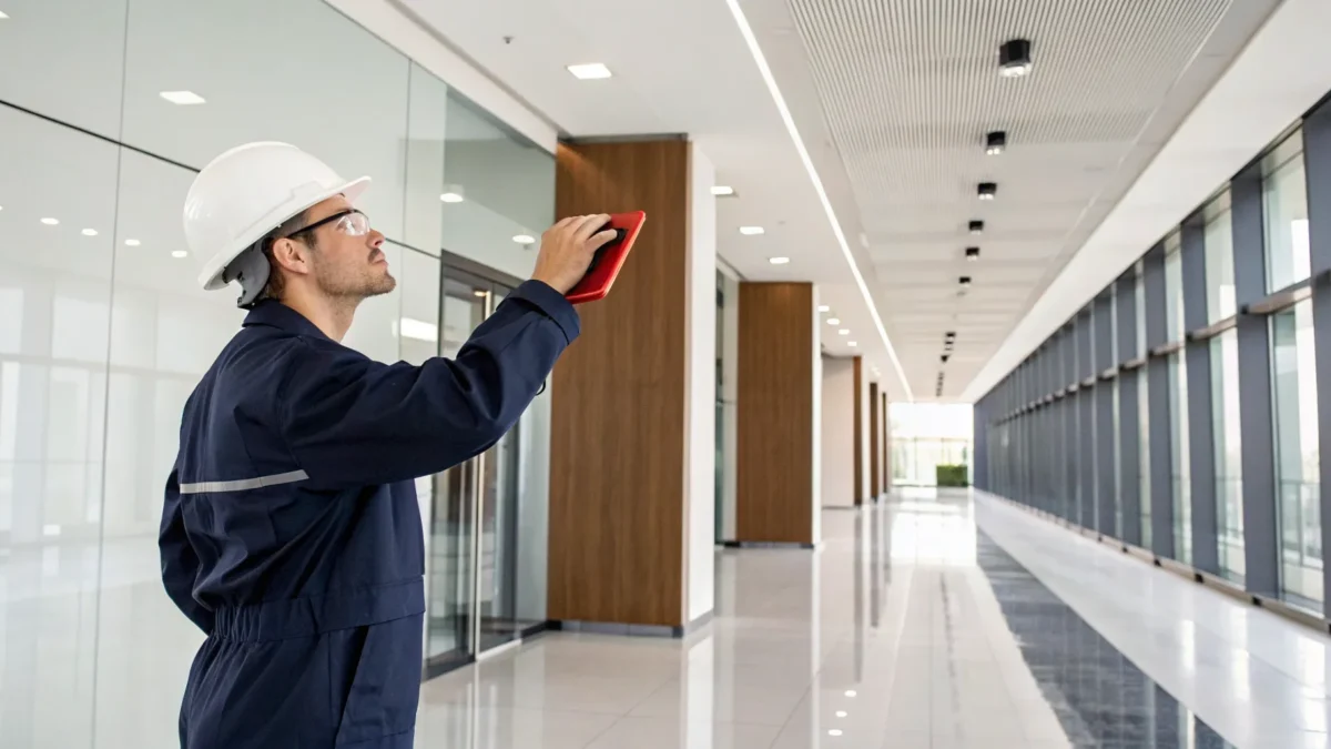 Certified fire alarm installer in Anderson SC inspecting a commercial system with a tablet.