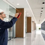 Certified fire alarm installer in Anderson SC inspecting a commercial system with a tablet.
