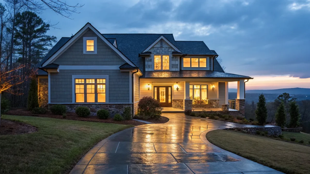 Modern home in Greenville SC at dusk, protected by one of the best home security systems.