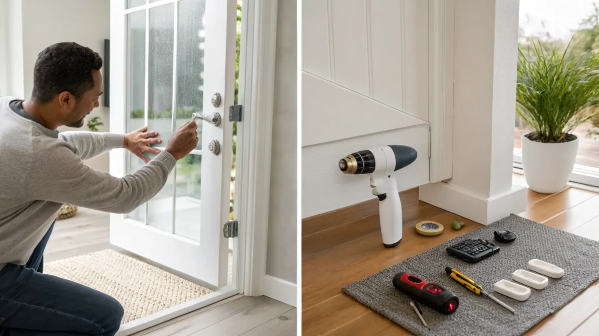 Man with tools installing a door lock for a DIY home security system.