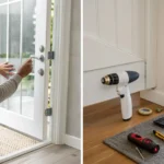 Man with tools installing a door lock for a DIY home security system.