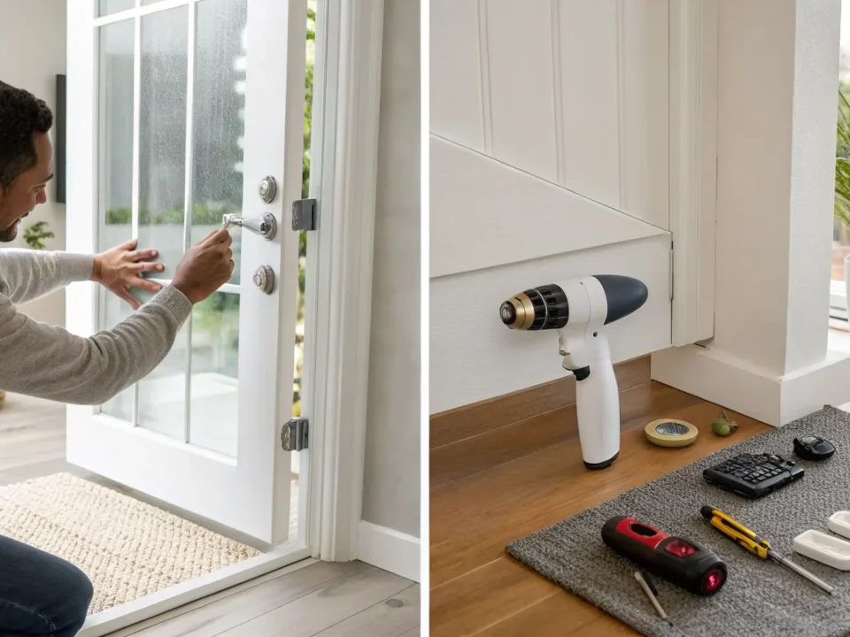 Man with tools installing a door lock for a DIY home security system.