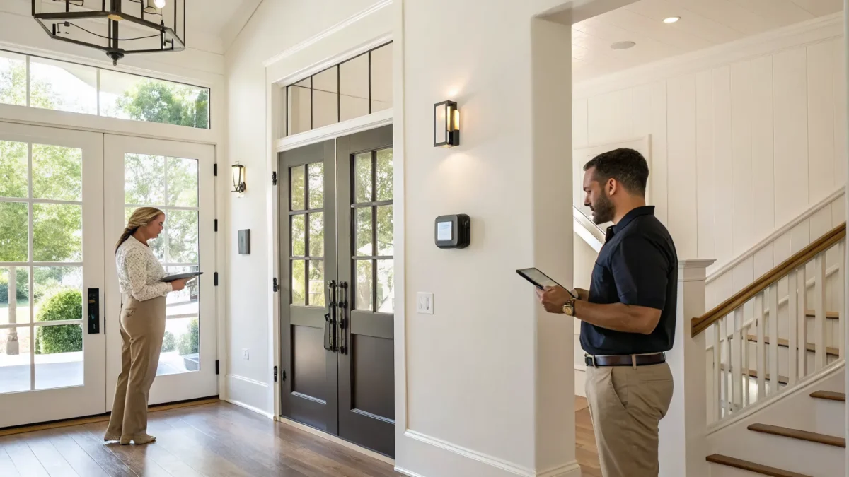 Professional installing a smart home alarm system in a Greenville, SC home.