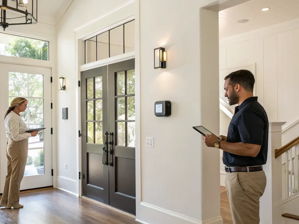 Professional installing a smart home alarm system in a Greenville, SC home.
