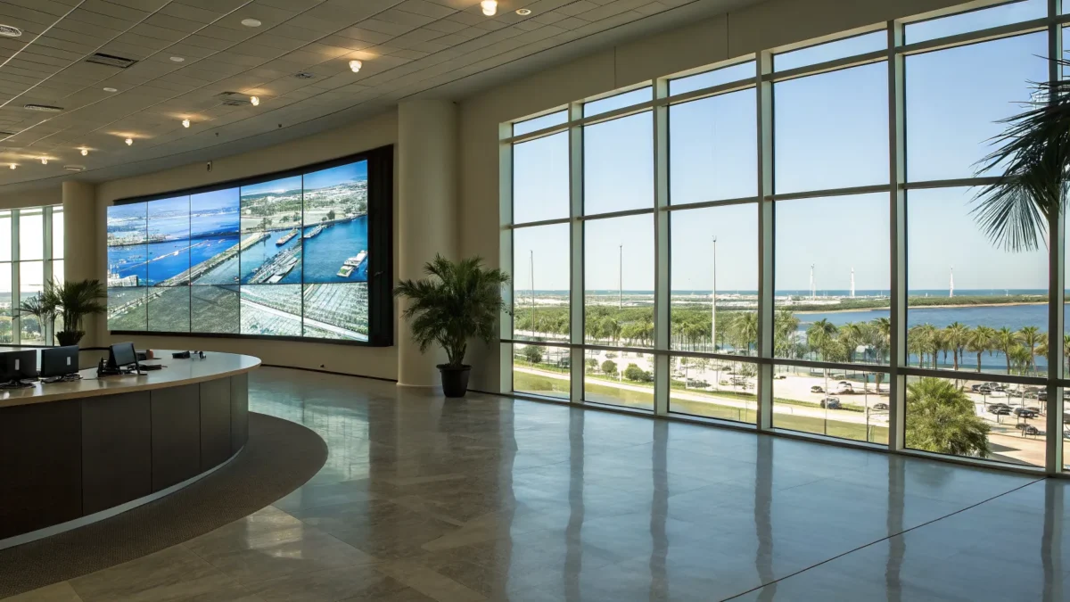 Modern commercial video surveillance systems on a large display in a South Carolina office.