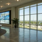 Modern commercial video surveillance systems on a large display in a South Carolina office.