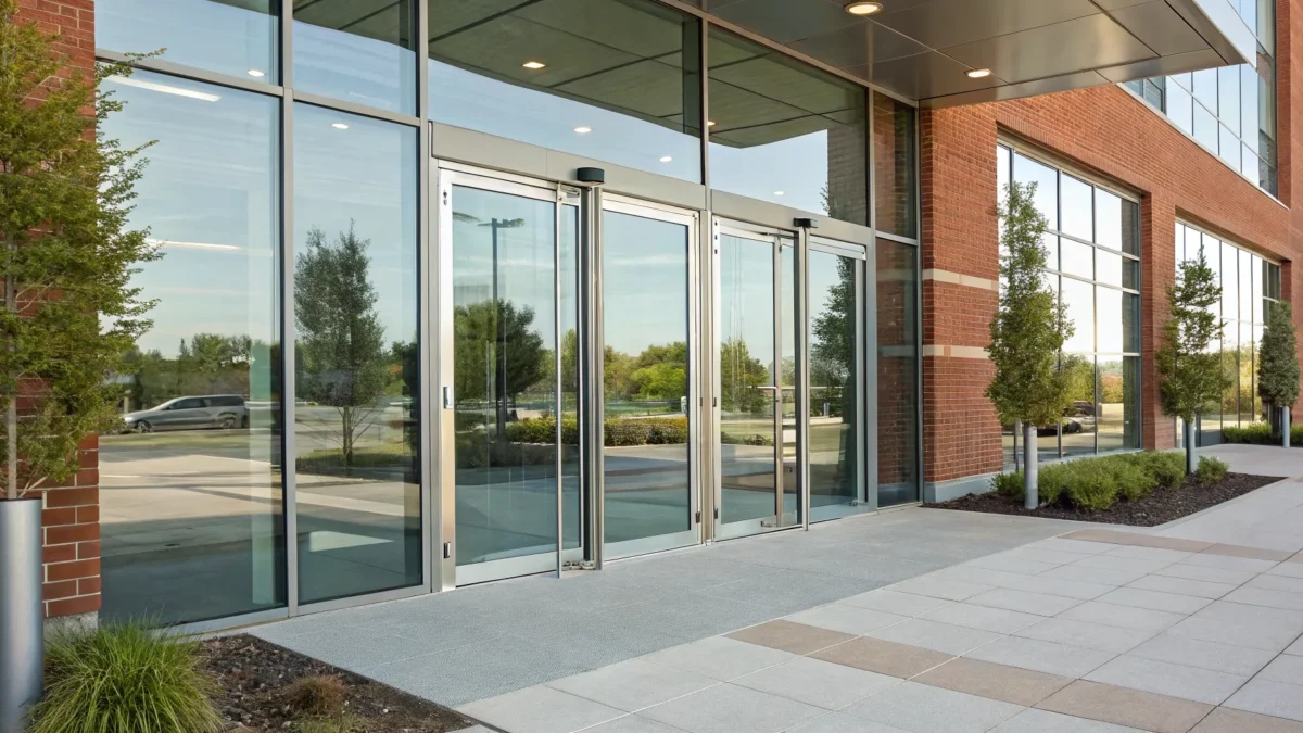 A modern commercial door entry system securing a business in Greenville, SC.