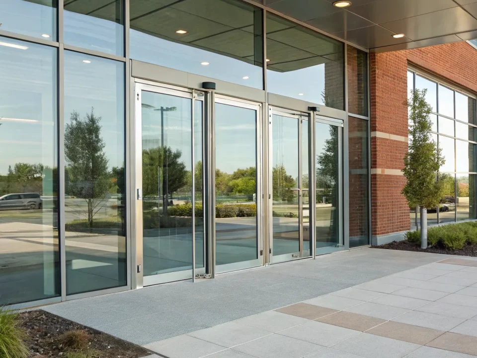 A modern commercial door entry system securing a business in Greenville, SC.