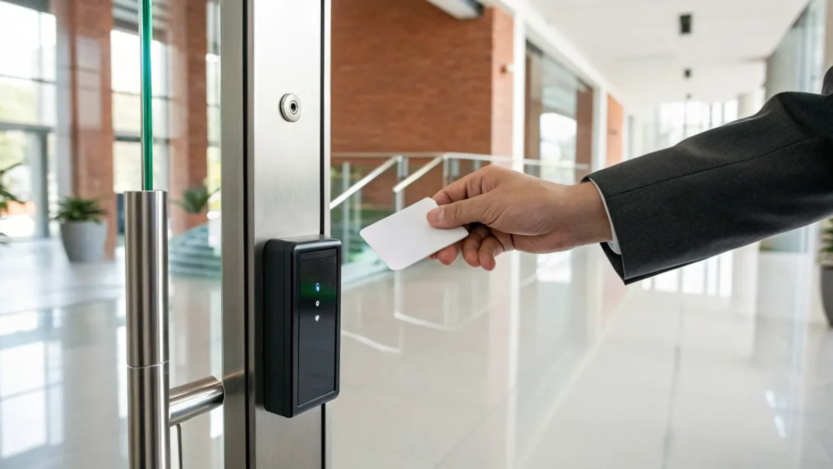 Businessperson using an office key card system for secure access in Greenville, SC.