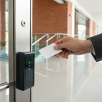 Businessperson using an office key card system for secure access in Greenville, SC.