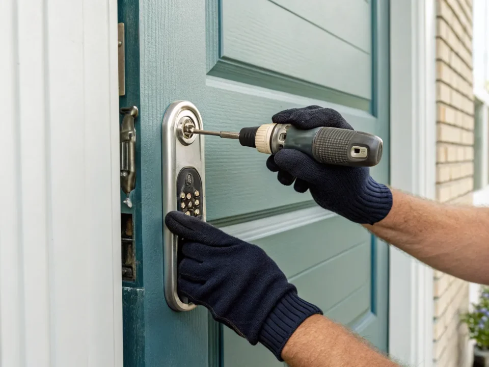 A professional installing a new smart lock on a front door in Greenville, SC.