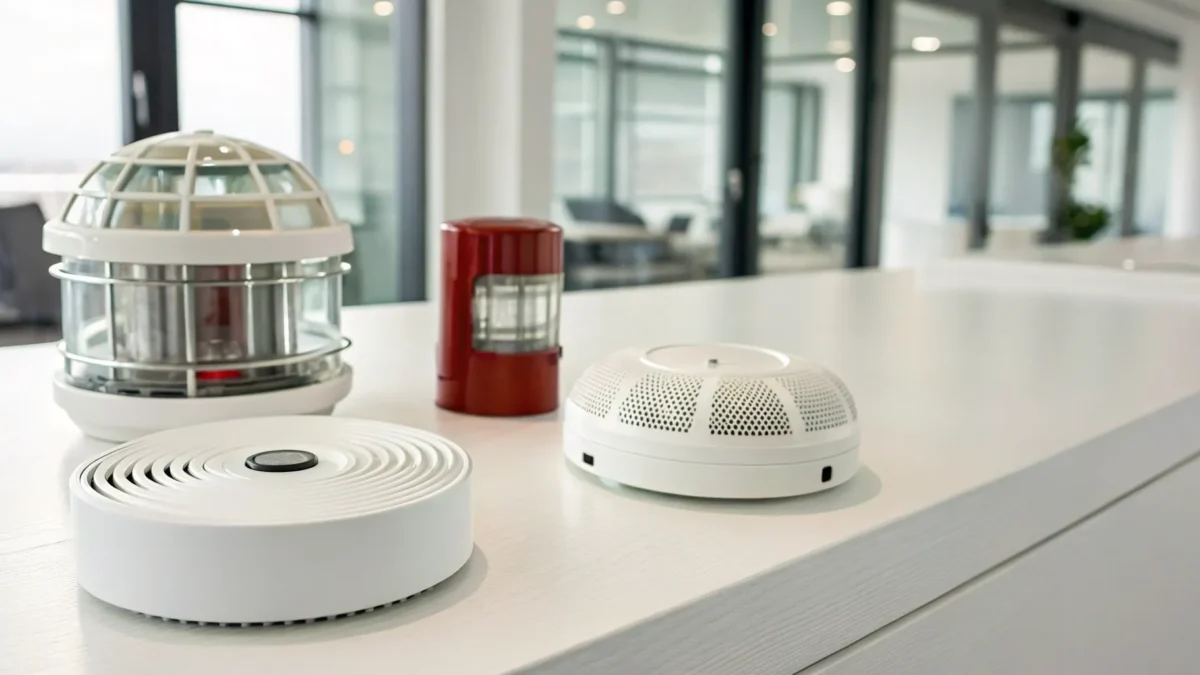 A variety of modern fire alarms laid out on a table for comparison.