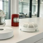 A variety of modern fire alarms laid out on a table for comparison.