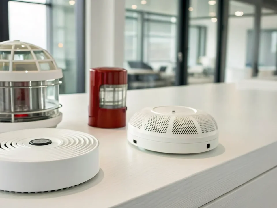 A variety of modern fire alarms laid out on a table for comparison.
