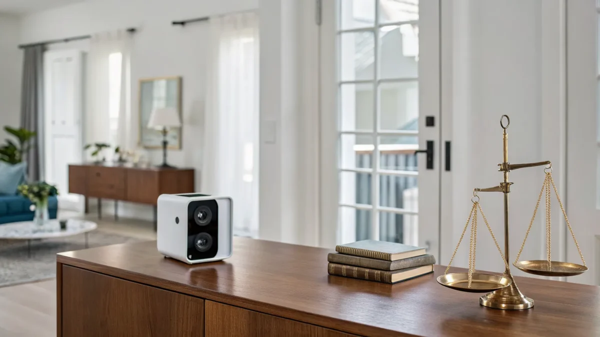 A balance scale weighing a home security camera to decide if home security systems are worth it.