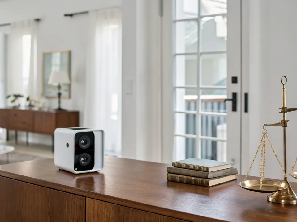 A balance scale weighing a home security camera to decide if home security systems are worth it.