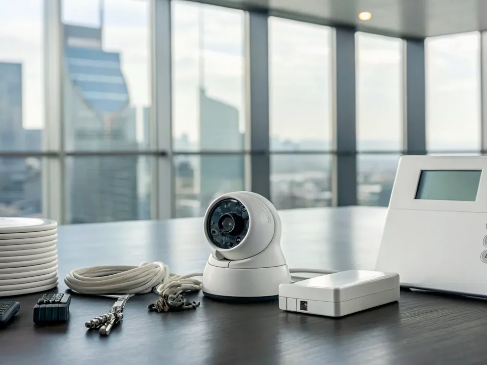 A business alarm system's components and control panel laid out to determine pricing.