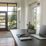 Researching the best home security companies on a laptop next to a smart security camera.