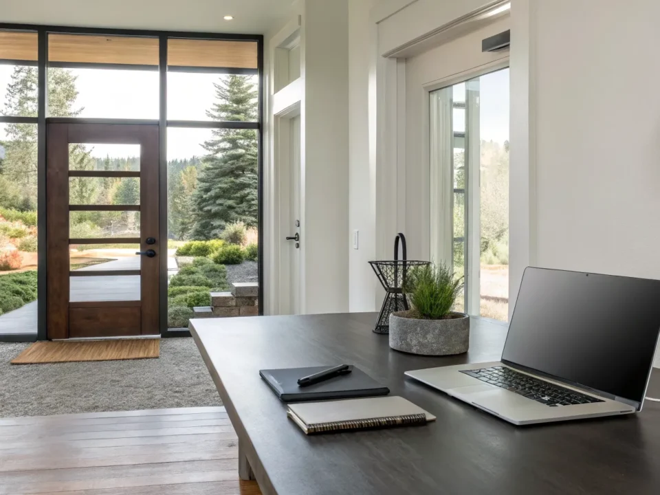 Researching the best home security companies on a laptop next to a smart security camera.