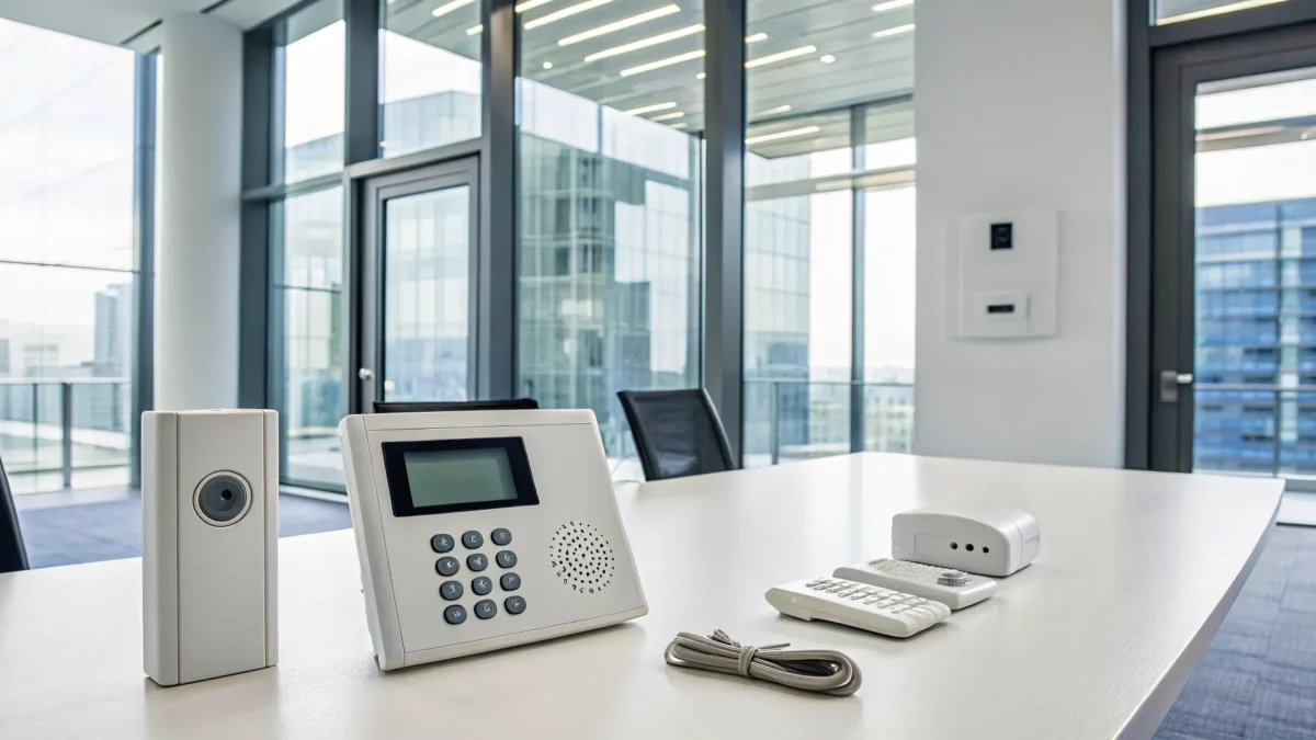 A modern security alarm system with various components like sensors and a keypad.