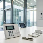 A modern security alarm system with various components like sensors and a keypad.
