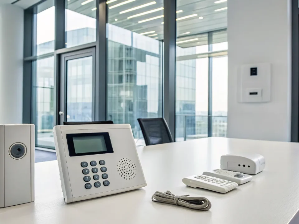 A modern security alarm system with various components like sensors and a keypad.