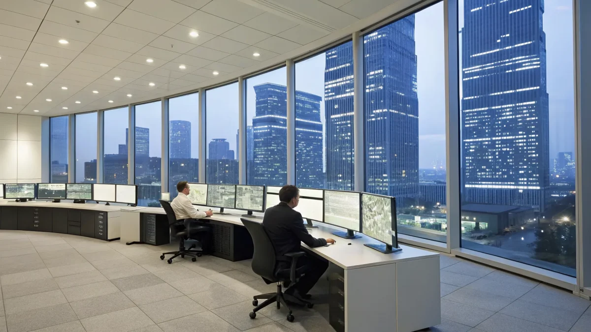 A commercial fire alarm monitoring company's team watches for alerts in a control room.