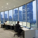 A commercial fire alarm monitoring company's team watches for alerts in a control room.