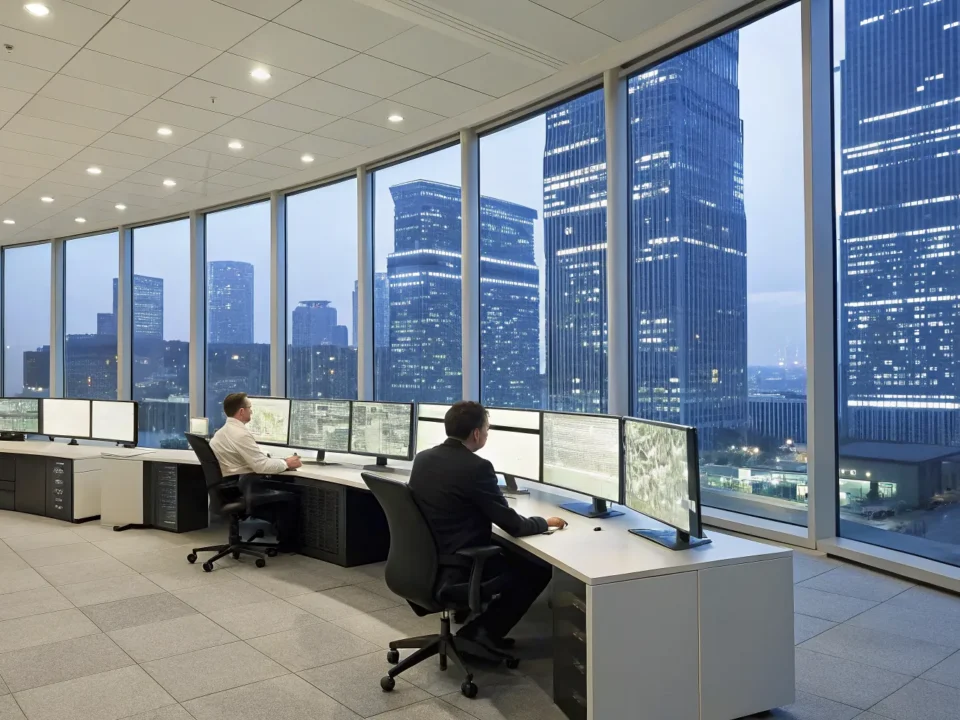 A commercial fire alarm monitoring company's team watches for alerts in a control room.
