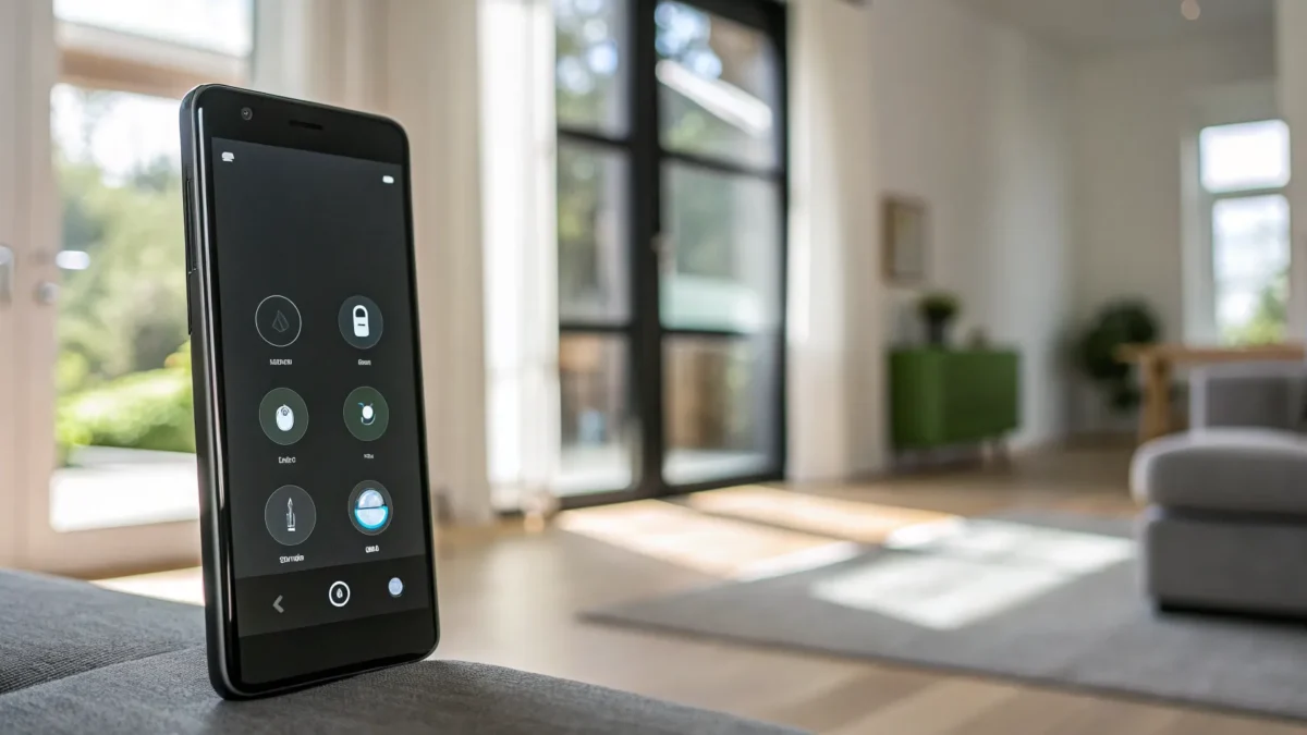 Smart home app on a phone controlling home security and automation.