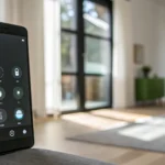 Smart home app on a phone controlling home security and automation.