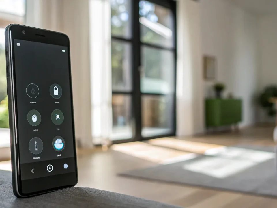 Smart home app on a phone controlling home security and automation.