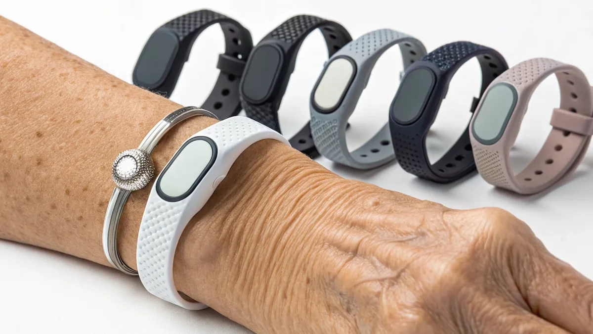 A senior wearing a fall detection bracelet, with a selection of other top-rated models.