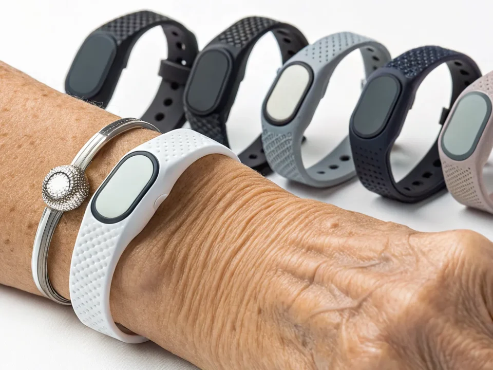 A senior wearing a fall detection bracelet, with a selection of other top-rated models.