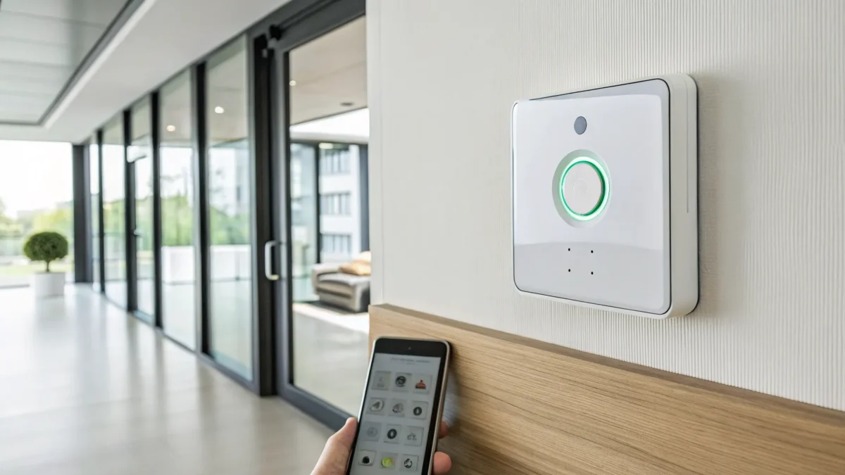 A person using a smartphone to control a monitored alarm system.