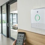 A person using a smartphone to control a monitored alarm system.