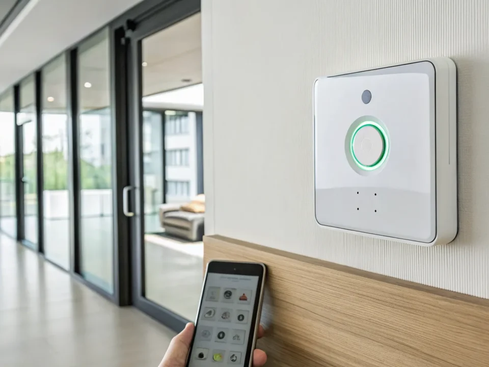 A person using a smartphone to control a monitored alarm system.