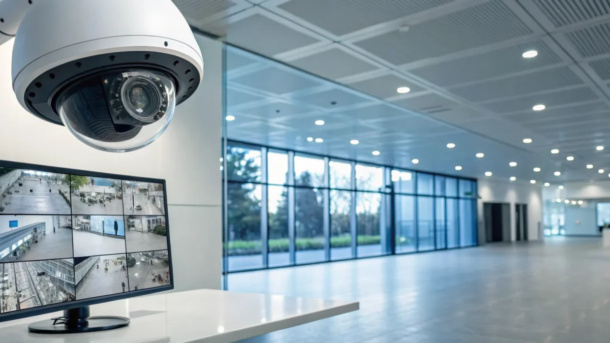 A surveillance monitor displays feeds from a business security system with cameras.